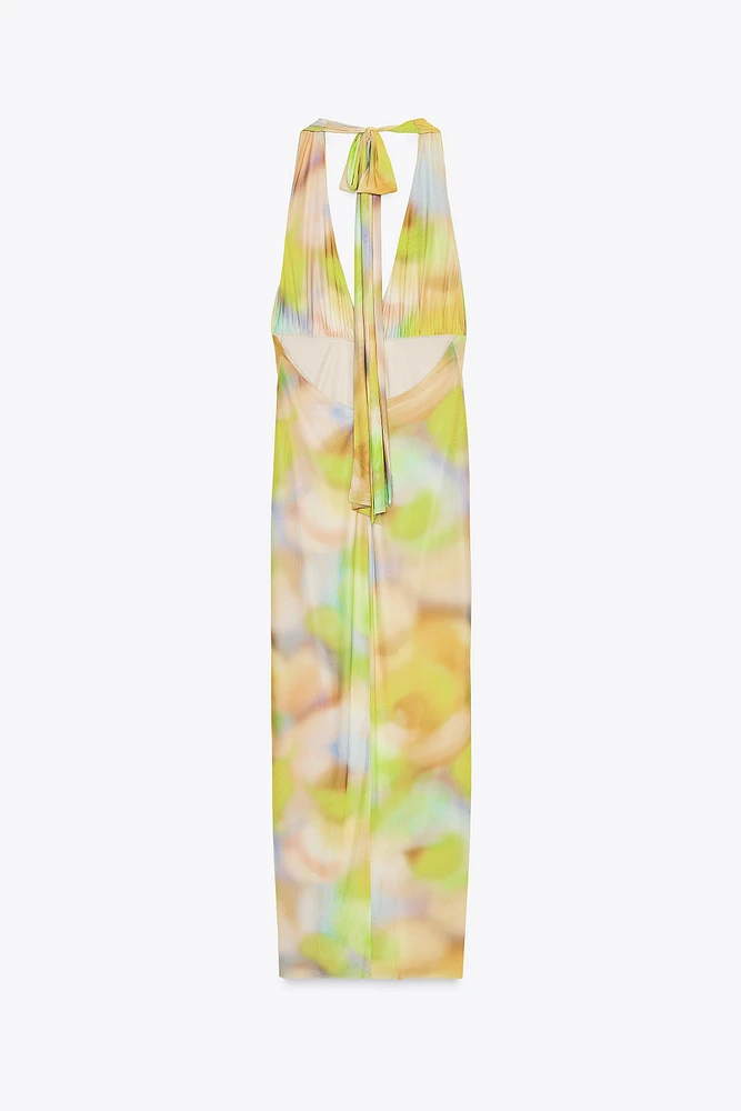 PRINTED TULLE MIDI HALTER DRESS
