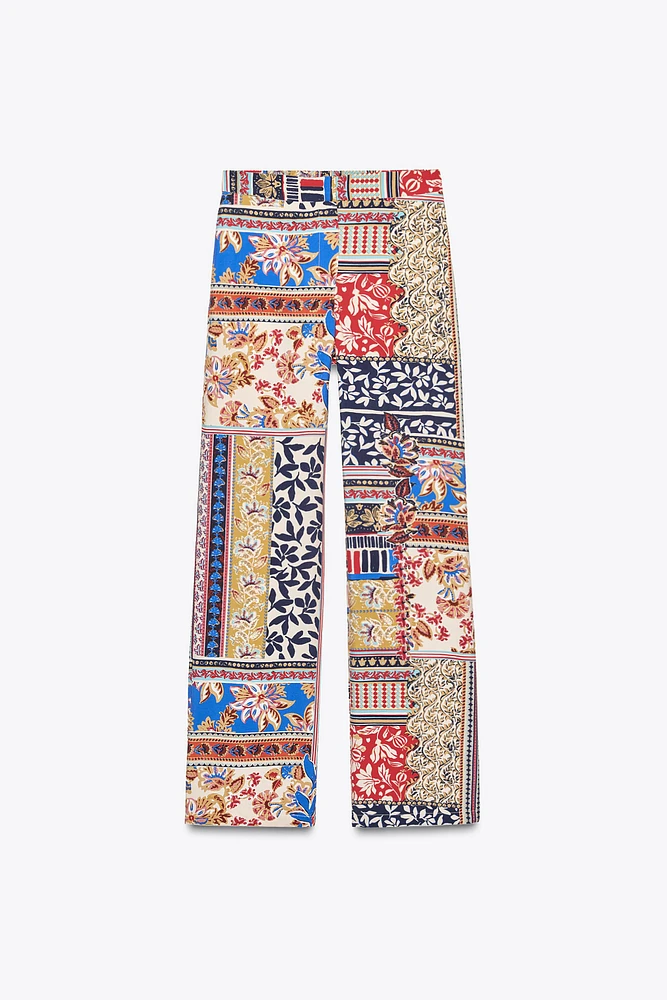 PATCHWORK PRINT WIDE LEG PANTS