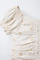 LINEN EMBROIDERED FLOWER RUCHED TOP
