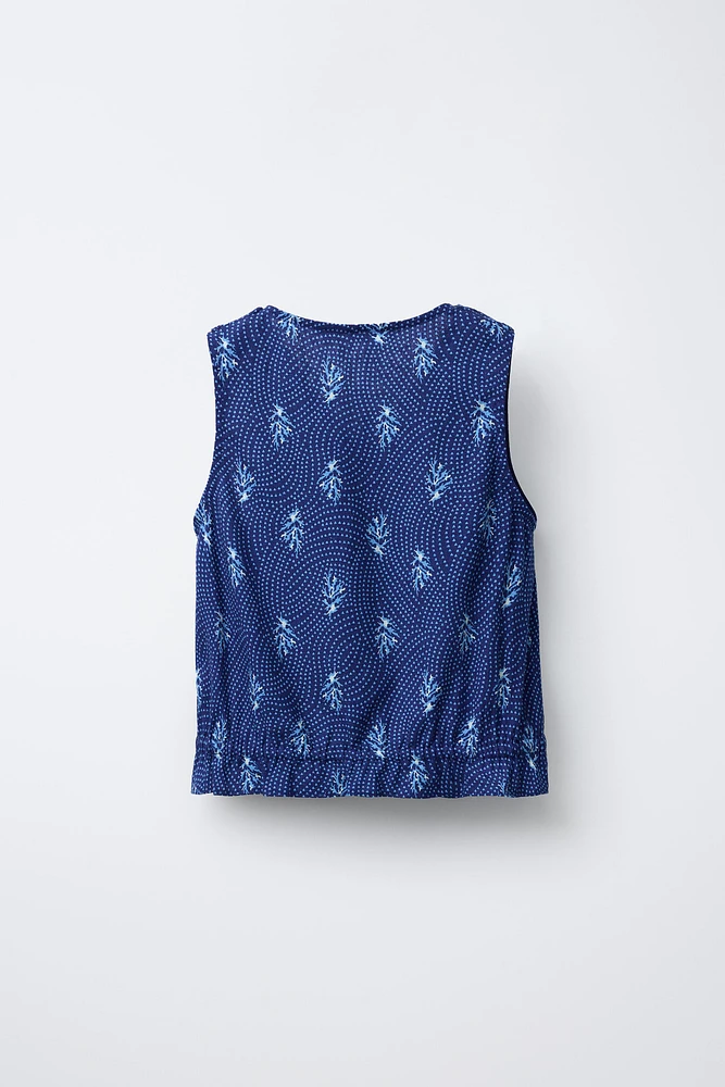 LINEN BLEND BOW PRINT TOP
