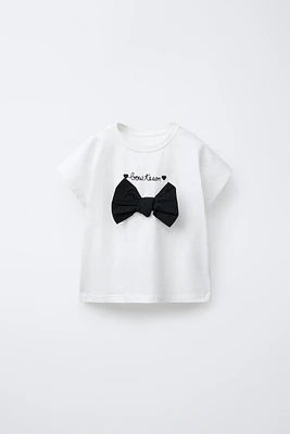 EMBROIDERED TEXT AND BOW T-SHIRT