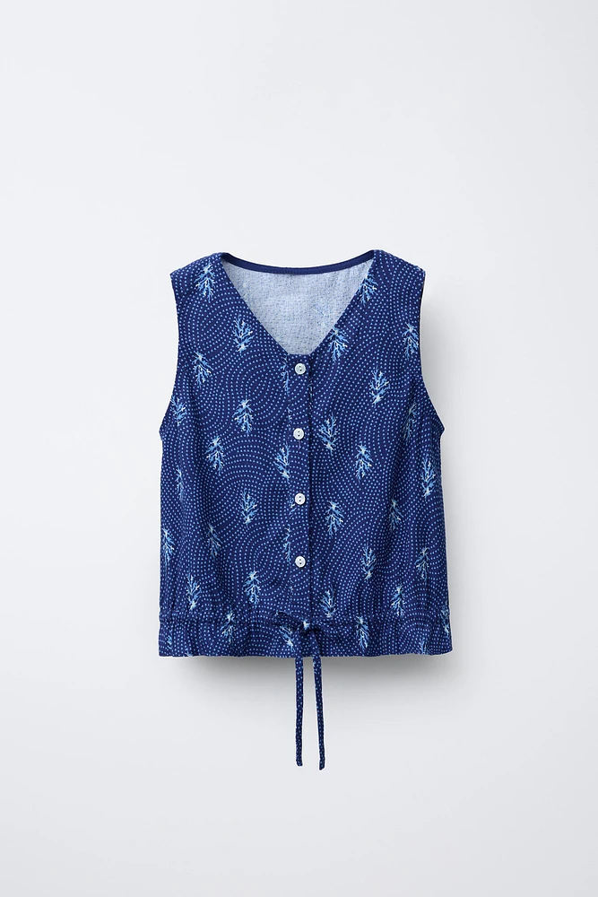 LINEN BLEND BOW PRINT TOP