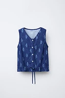 LINEN BLEND BOW PRINT TOP