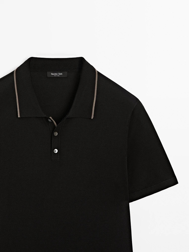 Knit polo shirt with coloured collar detail