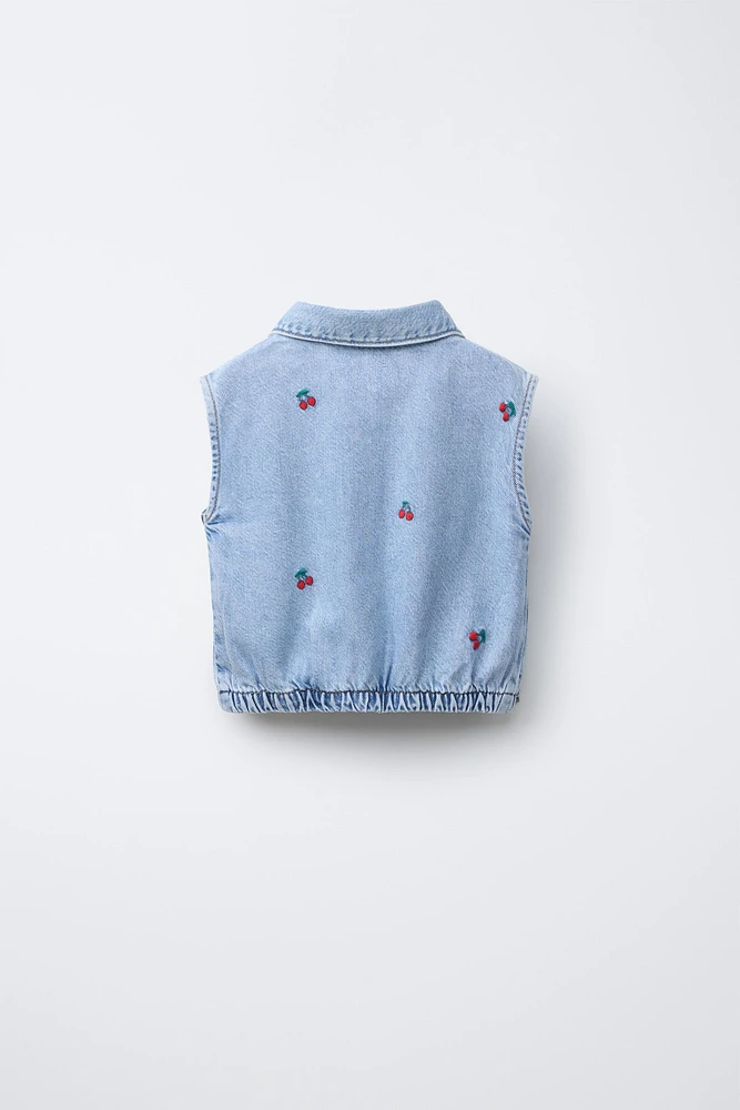 EMBROIDERED CHERRY DENIM SHIRT