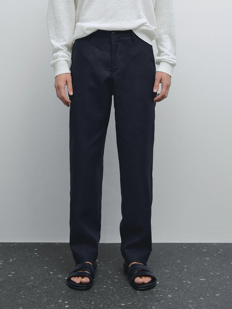 Pantalon regular fit 100 % lin