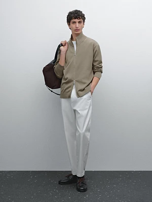 Cotton zip-up knit cardigan