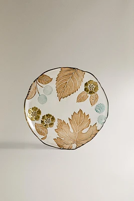 GLASS DESSERT PLATE WITH A FLORAL LEAF DESIGN