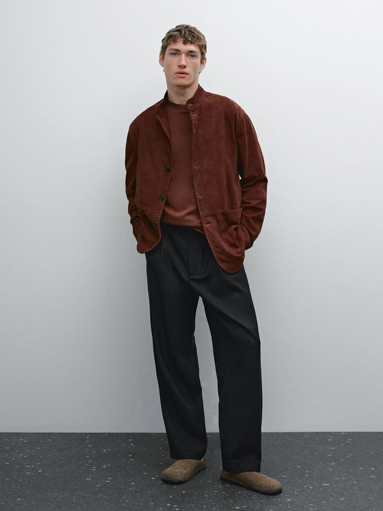 Suede leather stand collar jacket
