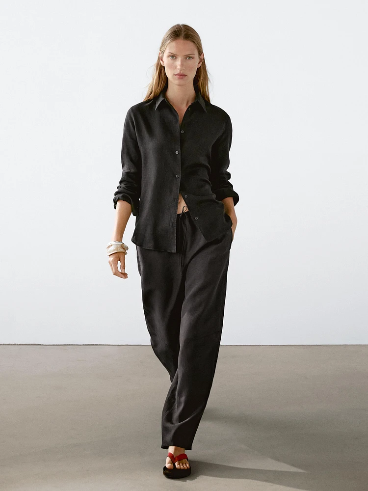Flowing linen blend barrel fit trousers