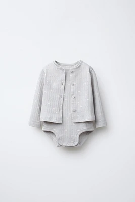 POINTELLE PRINT BODYSUIT AND JACKET SET