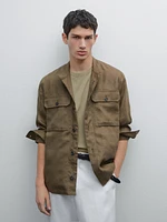 100% linen stand collar overshirt