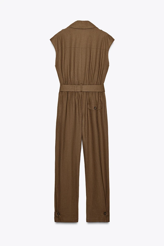 BELTED LINEN LONG JUMPSUIT
