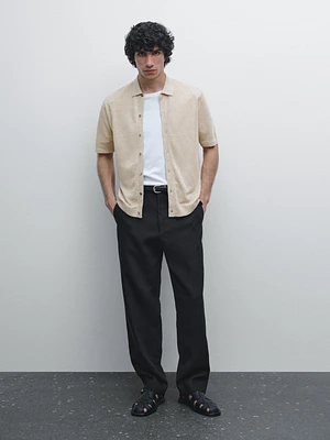 100% linen knit cardigan with polo collar