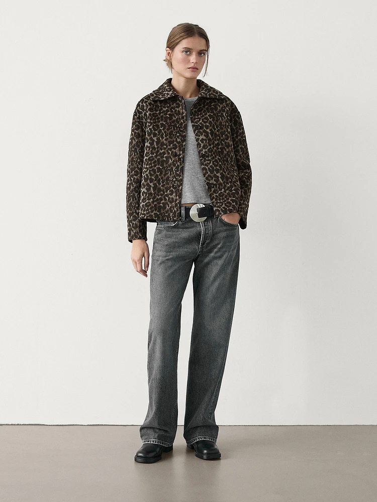 Cropped wool blend animal print jacket