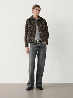 Cropped wool blend animal print jacket