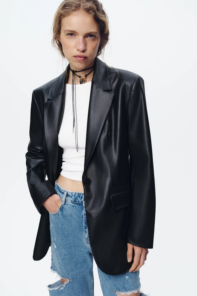 STRAIGHT FIT FAUX LEATHER BLAZER