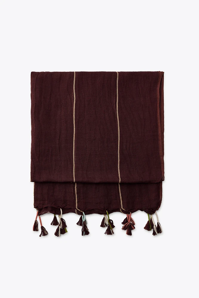 STRIPED FRINGED LINEN BLEND SCARF