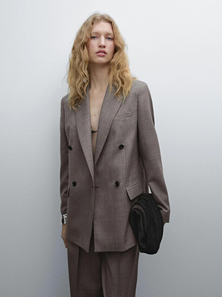 Blazer chiné croisé en laine mélangée