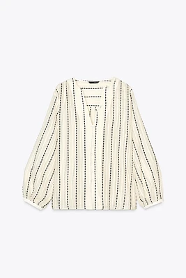 SEMI-SHEER BLOUSE WITH EMBROIDERED STRIPES