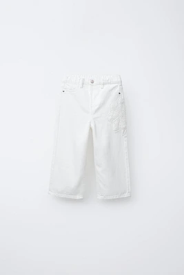 STRAIGHT LEG TWILL CROCHET FLOWER PANTS