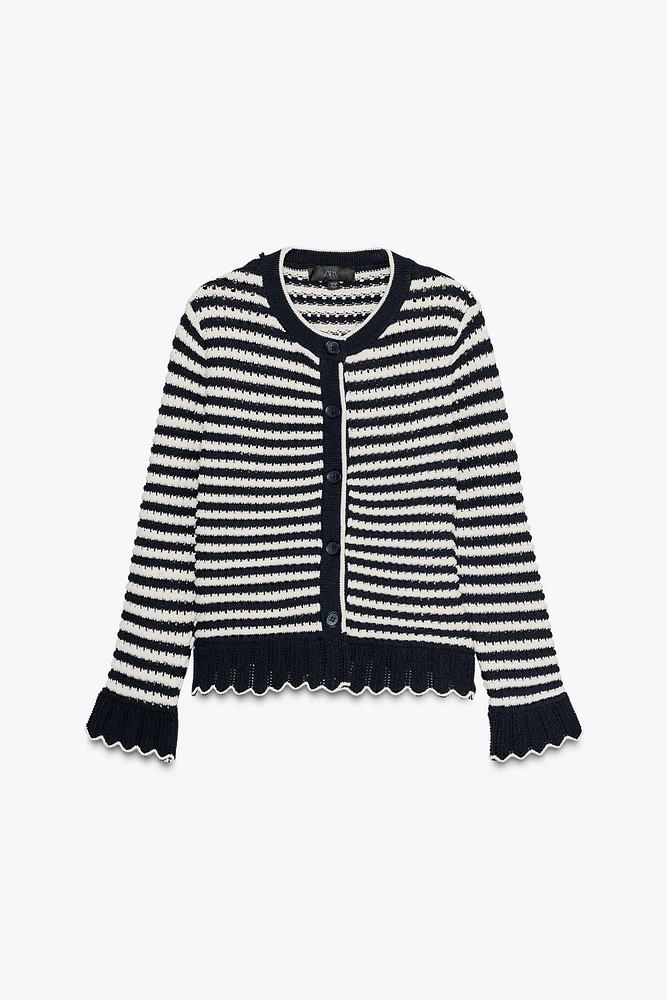 RUFFLED STRIPED KNIT CARDIGAN