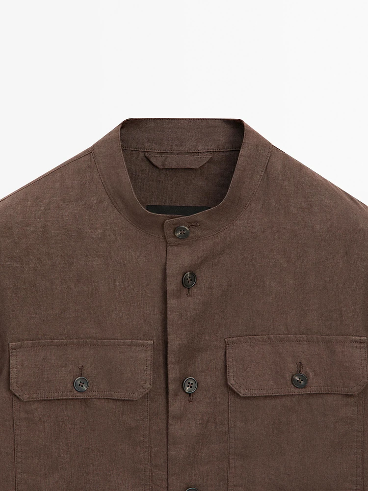 100% linen stand collar overshirt