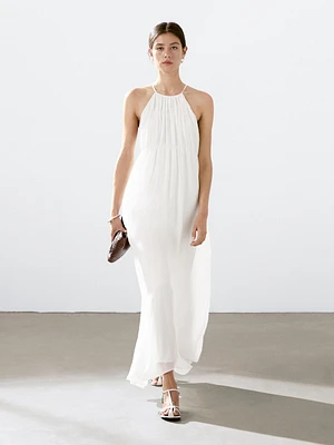 Long pleated dress with gathered detail