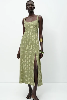 LINEN BLEND POLKA DOT MIDI DRESS