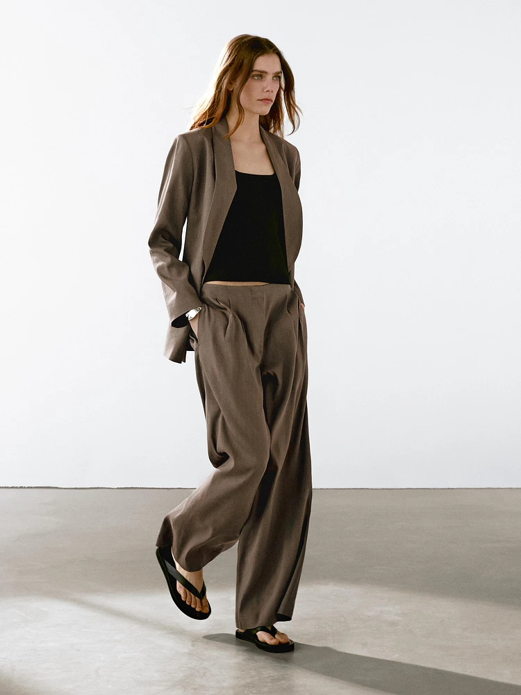 Pantalon droit à pinces en lin mélangé