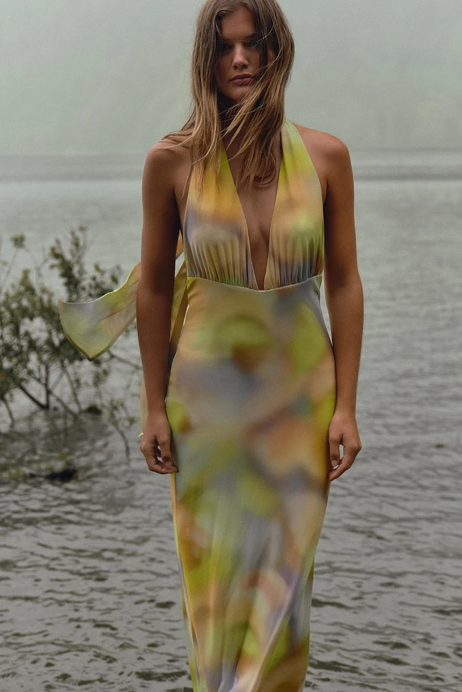 PRINTED TULLE MIDI HALTER DRESS