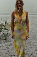 PRINTED TULLE MIDI HALTER DRESS