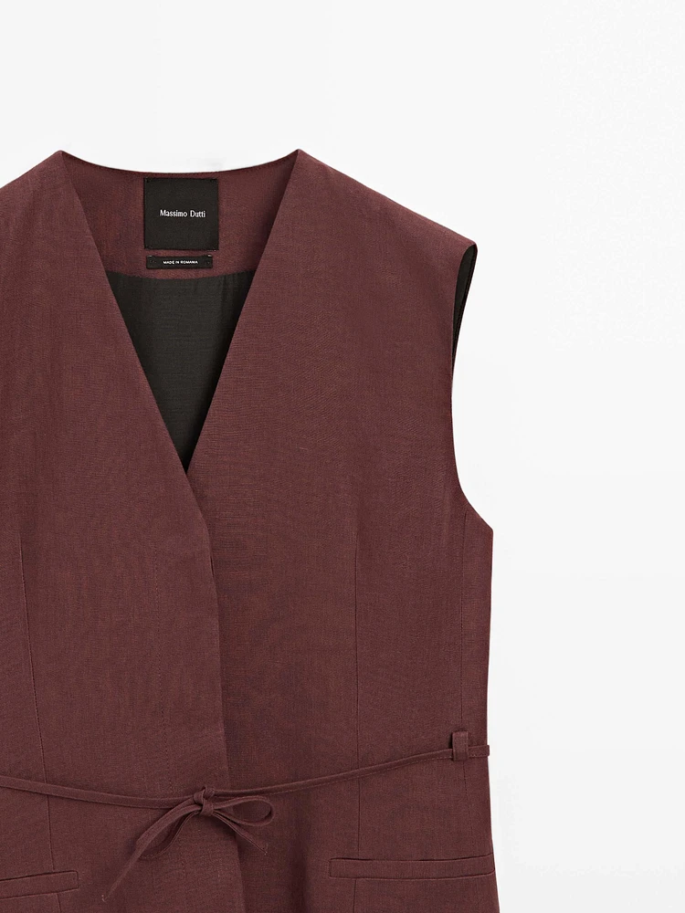 Long 100% linen waistcoat with ribbons