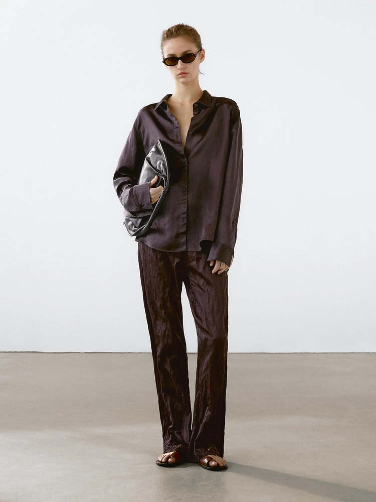 Flowing long sleeve satin shirt