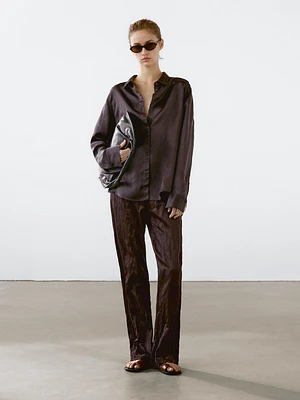 Flowing long sleeve satin shirt