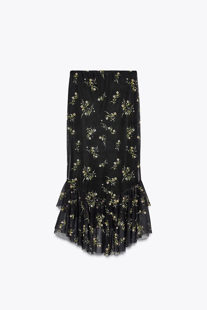 PRINTED TULLE RUFFLE SKIRT