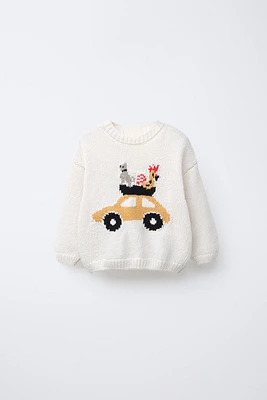 CAR AND ANIMAL PRINT KNIT SWEATER