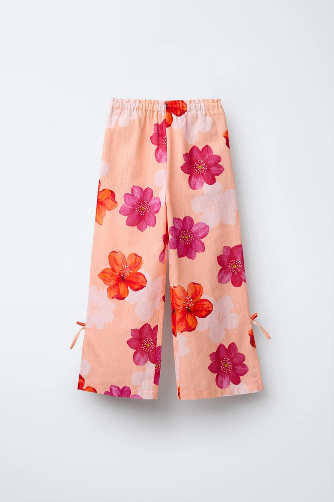 FLORAL BOW PANTS WITH LINEN