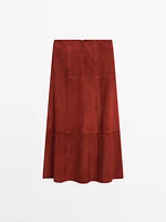 Suede leather flared midi skirt
