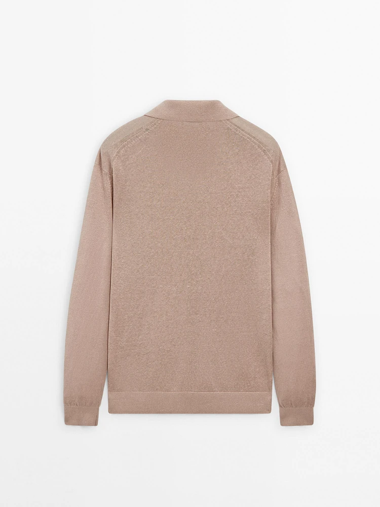 100% linen knit polo collar sweater
