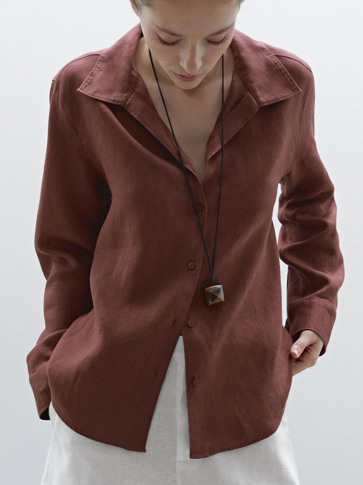 100% linen open collar shirt