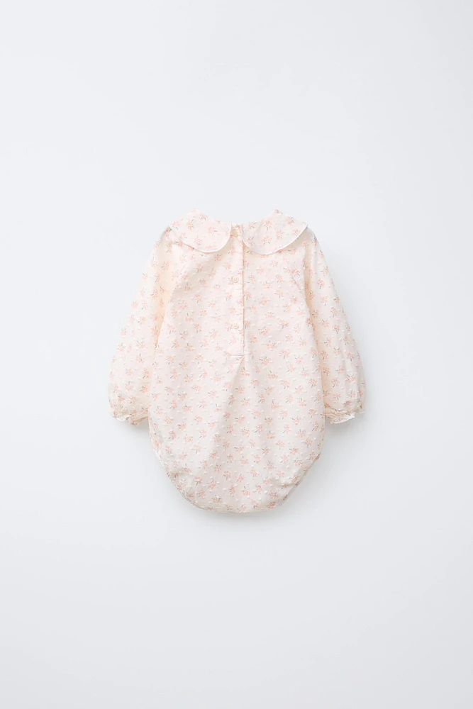FLORAL PRINT DOTTED MESH BODYSUIT