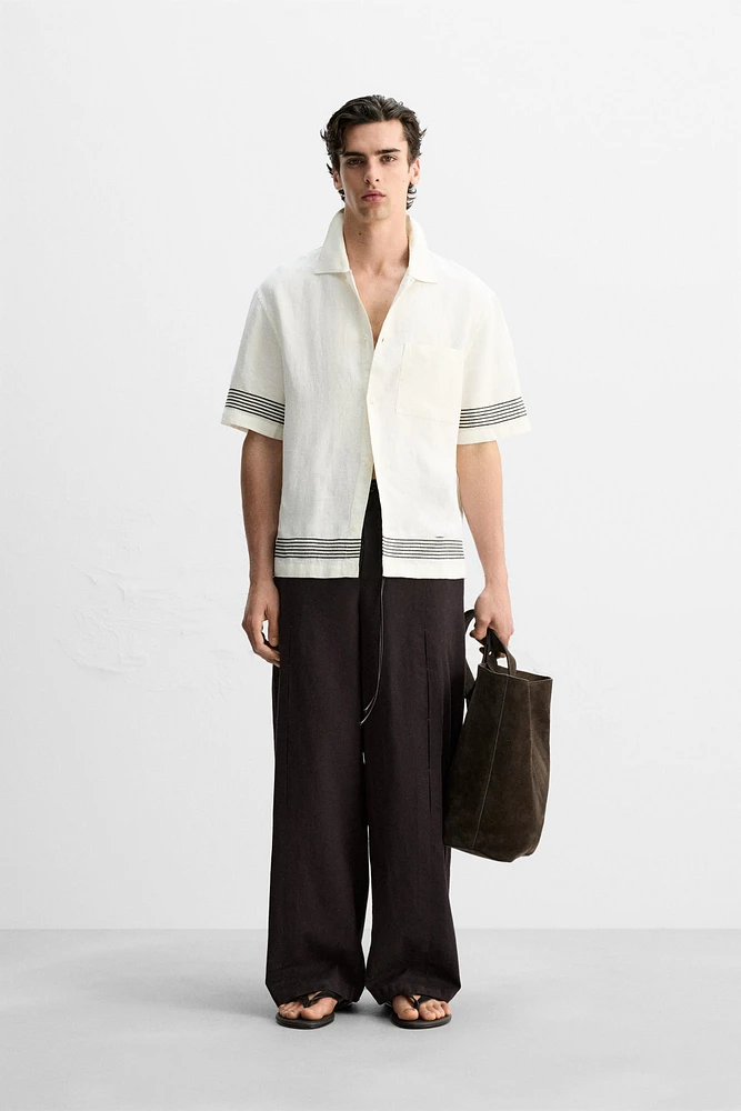 PANTALON EN COTON ET LIN À PLIS