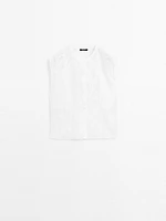 Linen blend crochet detail blouse