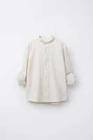 STRIPED LINEN MANDARIN COLLAR SHIRT