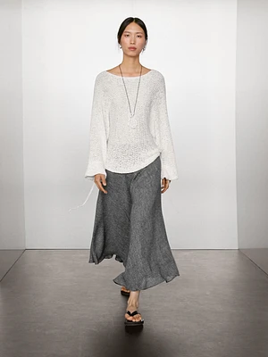 Linen blend midi skirt with flounce