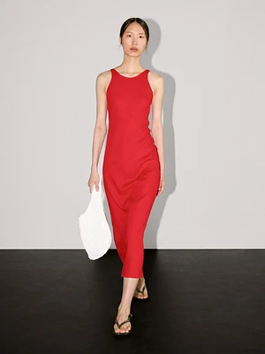 100% linen round neck midi dress
