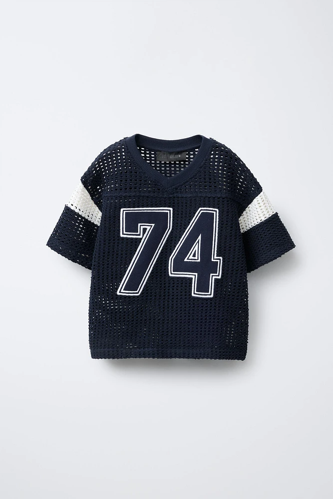 EMBROIDERED NUMBER KNIT T-SHIRT