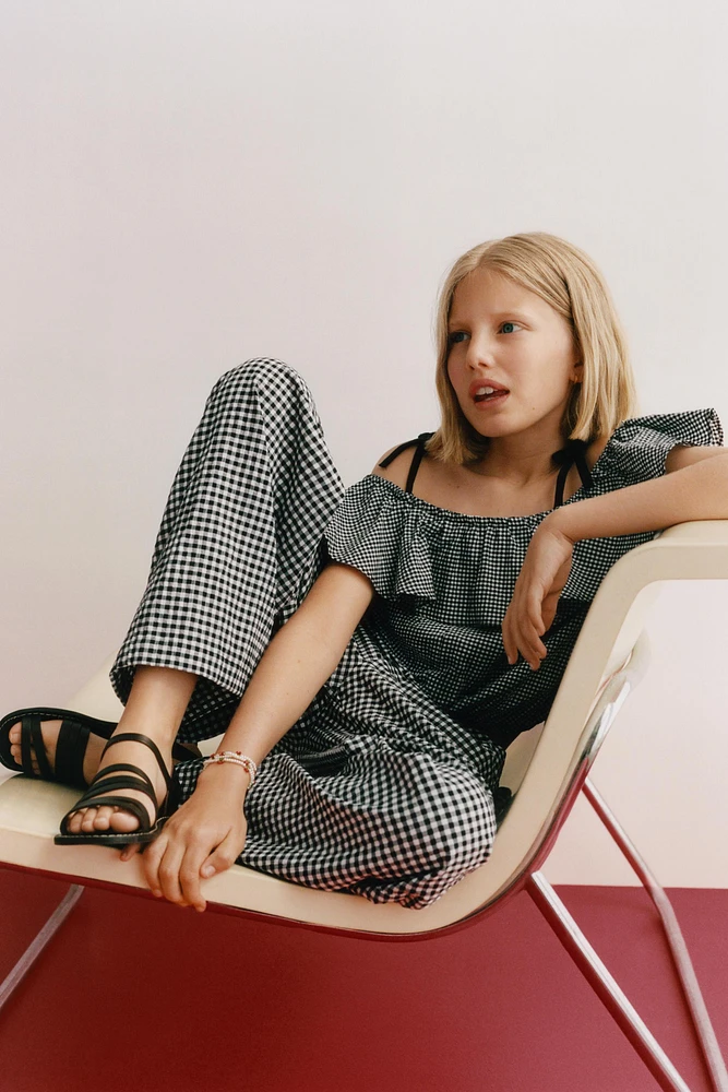 GINGHAM PRINT WIDE LEG PANTS