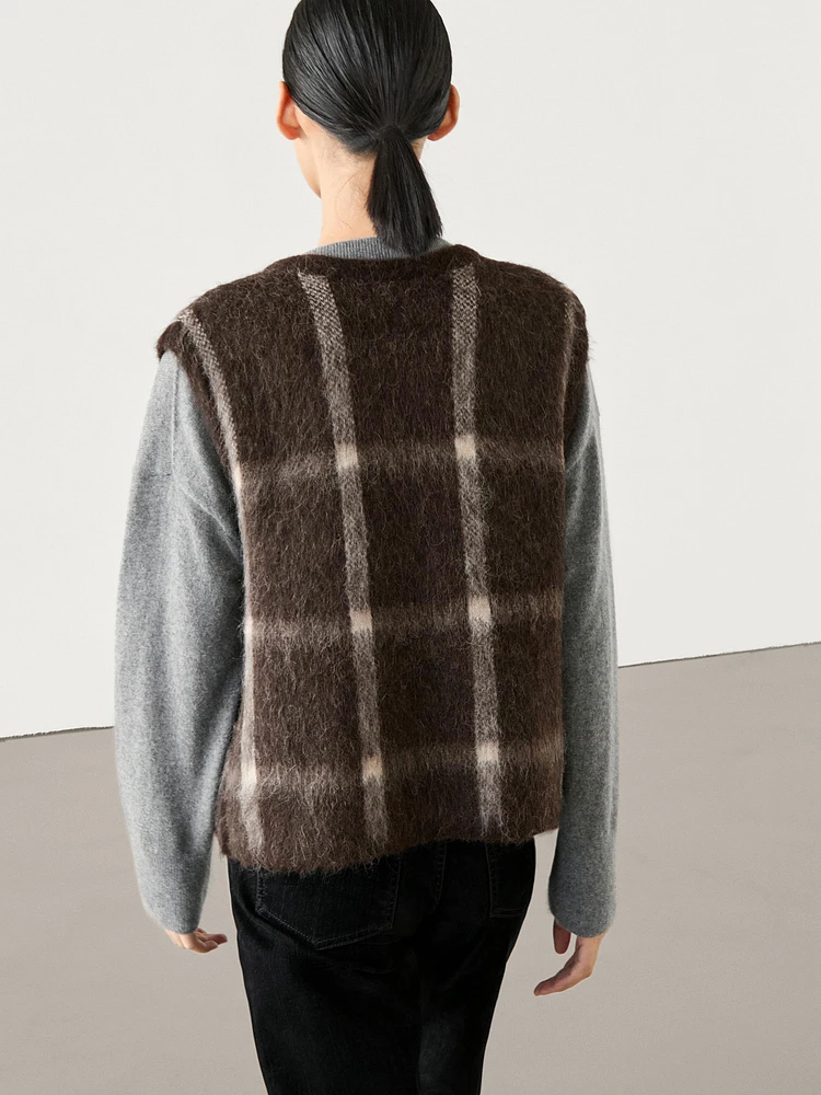 Wool blend check knit vest